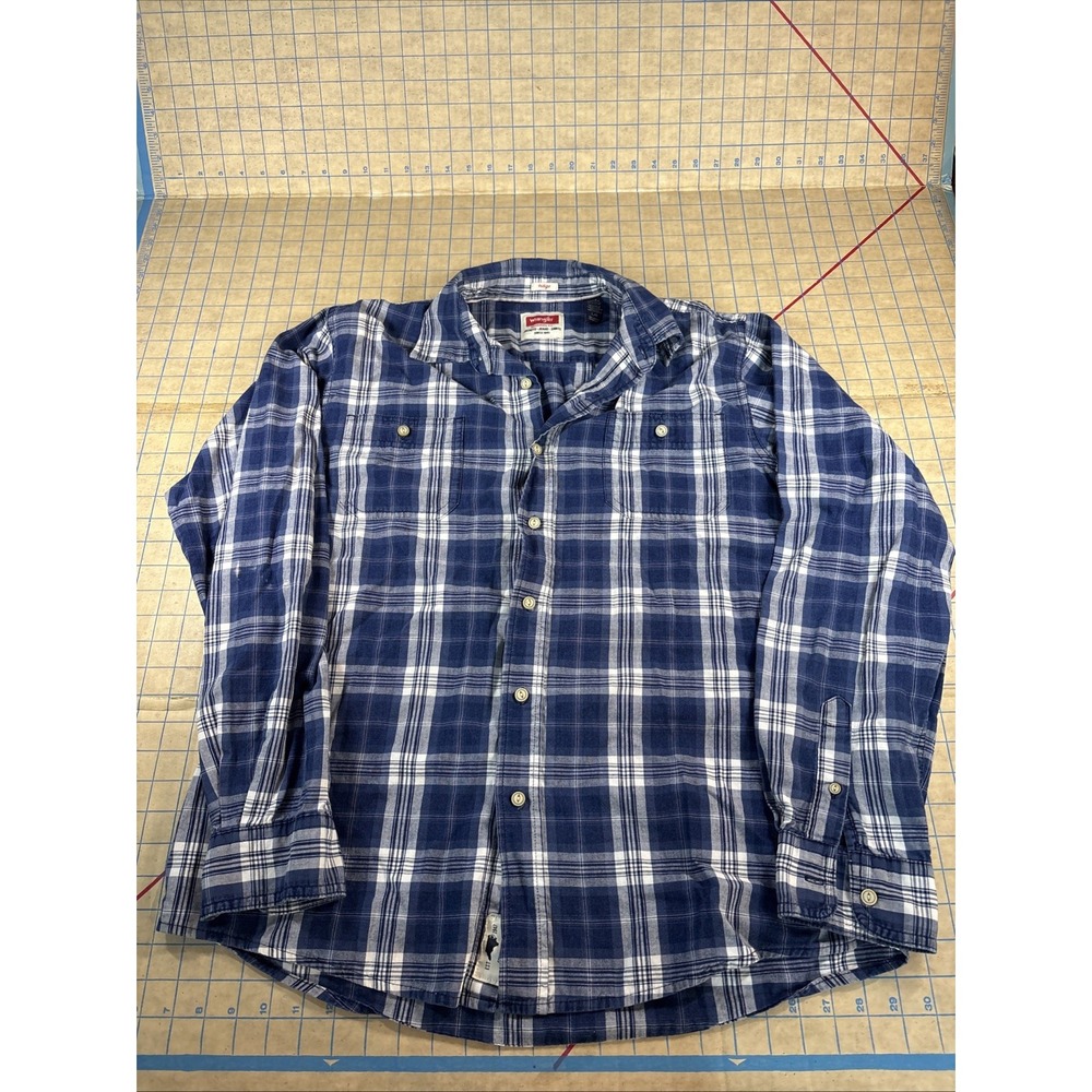Wrangler Indigo Shirt Mens Size Large Blue White Plaid Long Sleeve Button Up